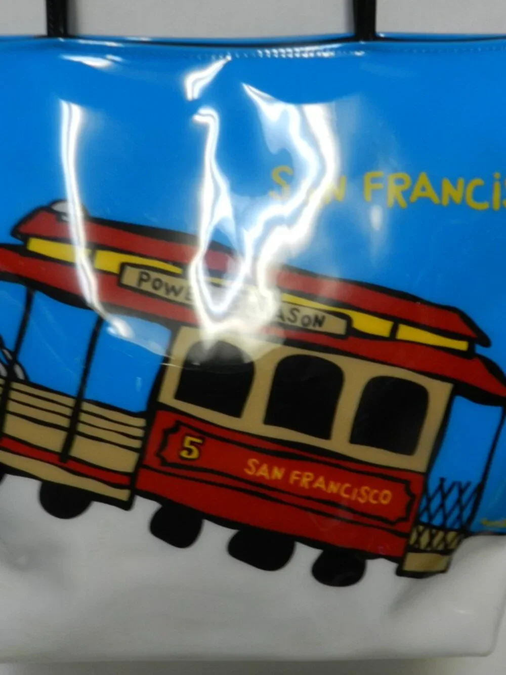 Marc Tetro San Francisco Trolley tram vinyl tote bag purse large zip blue red